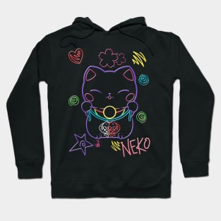 Neon Neko (1) - Cute neon light Japanese beckoning cats to bring you good luck Hoodie